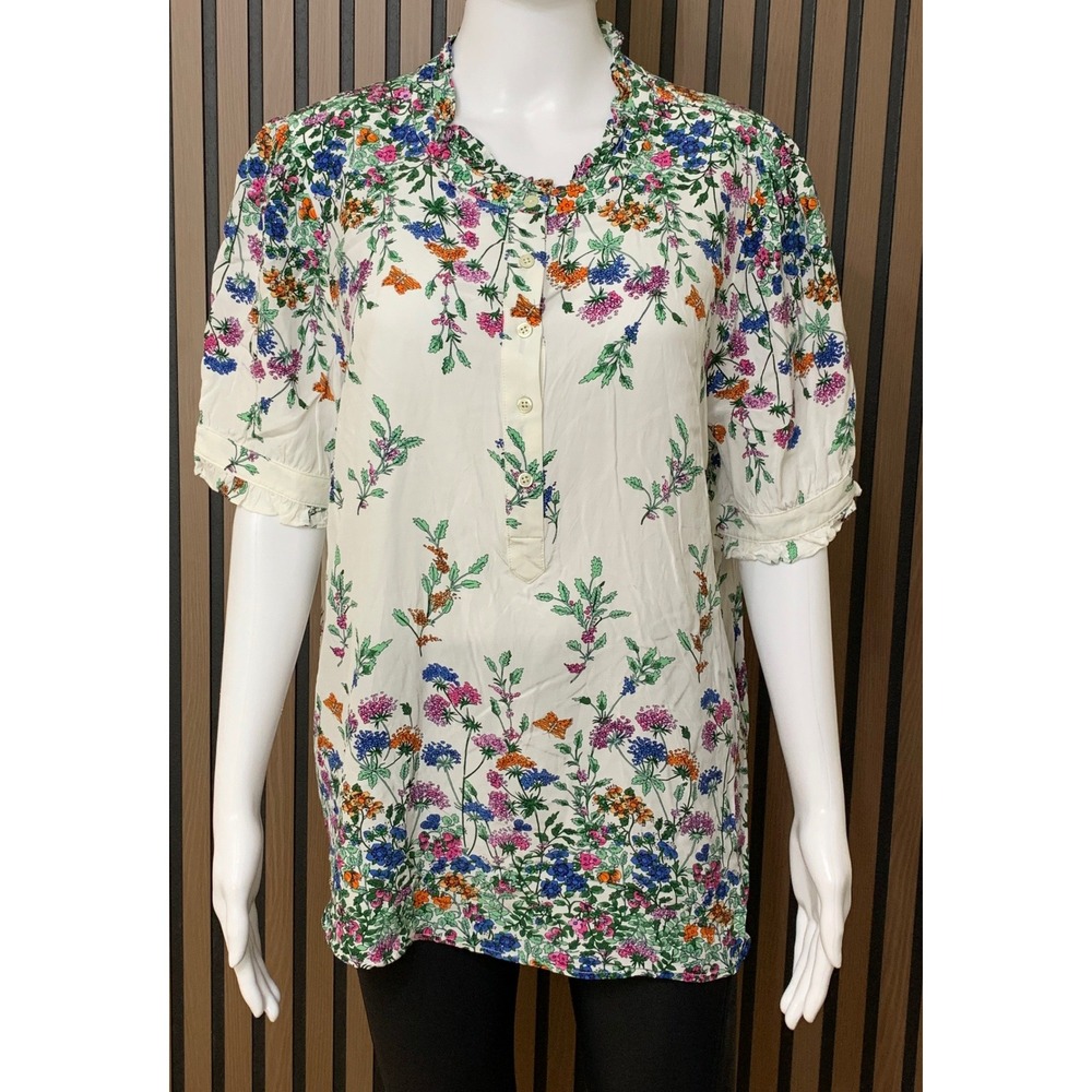 Talbots XL Floral Butterfly Women's Viscose Ruffle Neck Blouse Top White
